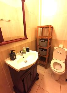 a bathroom with a sink and a toilet and a mirror at Protaras Ionian Breeze House in Paralimni +28 photos