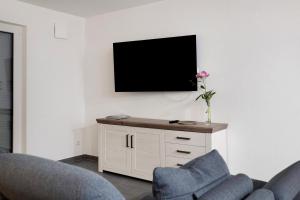 uma sala de estar com duas cadeiras e uma televisão na parede em Ferienwohnung Donautal 