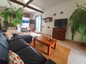 a living room with a black couch and a coffee table at Roca redonda in Haría