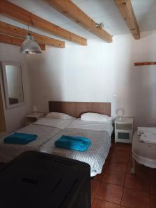 a bedroom with a bed with blue pillows on it at El Rincon De Zaldierna in Zaldierna