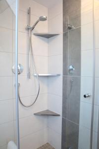 a bathroom with a shower with a glass door at Schwaben Apartment Plus in Oberboihingen