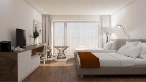 a white bedroom with a bed and a desk and a television at Hotel Flor De Sal in Viana do Castelo