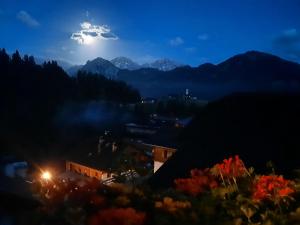 een uitzicht op een berg in de nacht met de maan bij Agritur Bolser in San Vigilio Di Marebbe