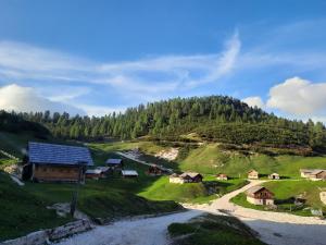 a small village with a barn and a road at Agritur Bolser in San Vigilio Di Marebbe