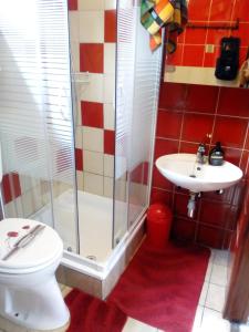ein Bad mit einer Dusche, einem WC und einem Waschbecken in der Unterkunft Una's House of Joy in Krapanj