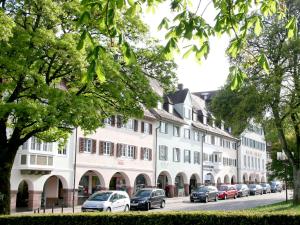 een straat met auto's geparkeerd voor gebouwen bij Hotel Krone in Freudenstadt