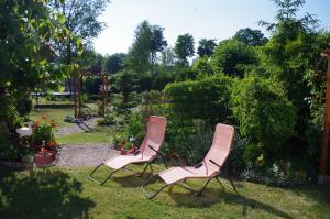 two chairs sitting in the grass in a garden at Rodzinne Siedlisko in Biskupiec