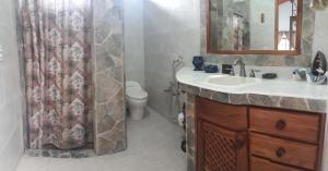 a bathroom with a sink and a toilet and a shower at Valle Luna in Valle de Anton