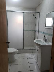 a bathroom with a toilet and a sink and a shower at Casa Aldunate, La calera in La Calera