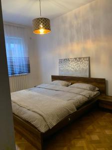 een slaapkamer met een bed en een hanglamp bij Apartman Gogić in Vrnjačka Banja
