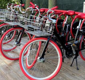 a row of red bikes parked next to each other at Beach Haus Key Biscayne Contemporary Apartments in Miami