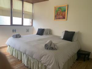 ein Schlafzimmer mit einem großen Bett mit Handtüchern darauf in der Unterkunft Casa de Leeuw in Lima