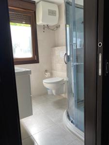 a bathroom with a toilet and a glass shower at Zefir Domek nr 5 in Dąbki