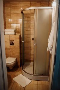 a small bathroom with a shower and a toilet at Browar Osjann - pokoje gościnne in Biała Podlaska