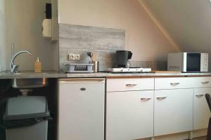 uma cozinha com armários brancos, um lavatório e um micro-ondas em Studio Saint-André em Chambéry