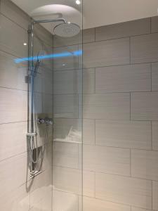 a bathroom with a shower with a glass door at Gemütliches Apartment by Rabe - Parkplatz, Smart-TV, Netflix in Karlsruhe