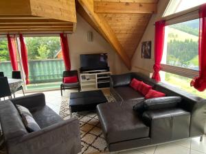 a living room with a couch and a television at Chalet de Montagne Villard de Lans in Villard-de-Lans