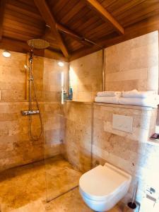 a bathroom with a shower and a toilet in it at Life Butiq Otel in Yalıkavak