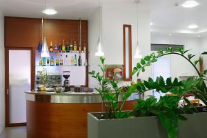a kitchen with a counter and a bar with plants at Hotel Paris in Mestre