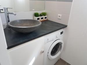 a bathroom with a sink and a washing machine at SANTA LUCIA in Sainte-Lucie de Porto-Vecchio +6 photos