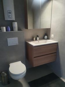 a bathroom with a white toilet and a sink at Appartement met 2 slaapkamers op zeedijk Middelkerke in Middelkerke
