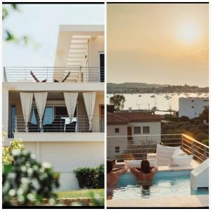 two pictures of a house and a man in a swimming pool at CASA DI NONNA ANNY in Porto Heli