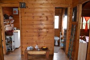 a room with a wooden wall with a table and a toilet at Intry Etna Chalet in Pedara