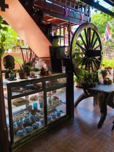 a display case in a room with a wheel and plants at Banthai Guesthouse in Phetchaburi