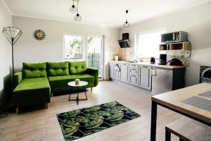 Una sala de estar con un sofá verde y una cocina. en Brzozowy Zakątek, en Dąbki