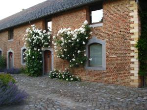 una casa di mattoni con fiori bianchi su un lato di Hof van Eggertingen nr. 8 a Riemst