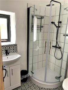 a bathroom with a shower and a sink at Byre Cottages & Log Cabin in Cardigan +58 photos