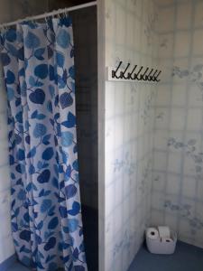 a bathroom with a blue and white shower curtain at B&B Parksäter in Håcksvik +27 photos