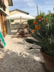 eine Terrasse mit einem Tisch und einem Sonnenschirm in der Unterkunft Il semaforo Appartamento a due passi dal centro di Pietrasanta in Pietrasanta