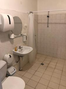een witte badkamer met een toilet en een wastafel bij Hermes Külalistemaja in Võru