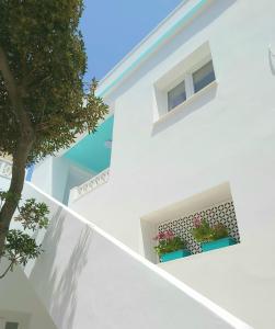 un edificio blanco con una ventana con flores en una caja de ventanas en Nostalgia Retro Suites, en Naxos Chora