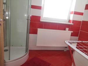 a red and white bathroom with a shower and a window at U Moto Makovic in Horažďovice