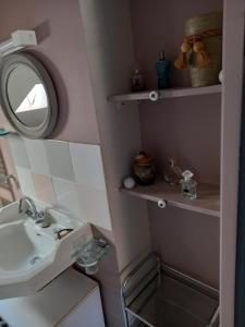 uma pequena casa de banho com um lavatório e um espelho em hô choucas em Chauvigny