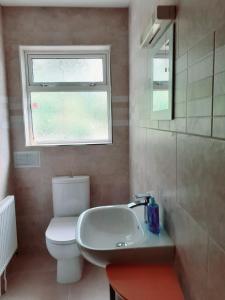La salle de bains est pourvue d'un lavabo, de toilettes et d'une fenêtre. dans l'établissement Breagagh View B&B, à Kilkenny