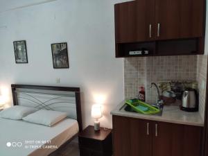 a bedroom with a bed and a kitchen with a sink at Sivota Rooms Athanasiou in Syvota