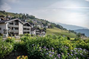 uma aldeia numa colina com casas e flores em Hotel Restaurant La Siala em Falera