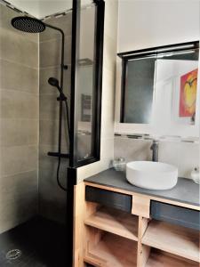 une salle de bain avec un lavabo et une douche dans l'établissement Appartement Triangle d Or plage-gareTGV-Mairie, à Saint-Raphaël