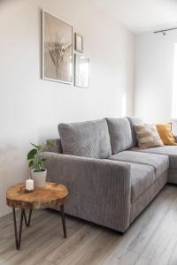 Sala de estar con sofá gris y mesa en W Sercu Mazur, en Harsz