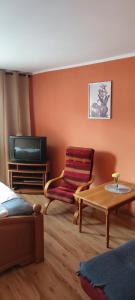 a living room with a couch and a table and a tv at Pokoje i kwatery w Augustowie in Augustów