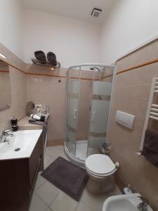y baño con ducha, aseo y lavamanos. en Casa di Tiziana, en Anzio