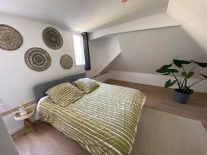 Un dormitorio con una cama y una planta en maceta. en duplex proche gare vue tour Perret avec parking gratuit, en Amiens