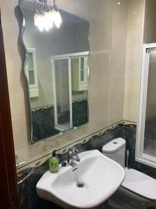 a bathroom with a sink and a mirror and a toilet at Maison San Isidoro - GARAJE y WIFI GRATUITO in León