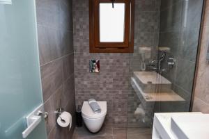 a bathroom with a toilet and a sink and a window at Hotel Coral in Skala Rachoniou