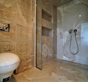 a bathroom with a shower and a toilet at Bella Vista Hotel Studios & Apartments in Parga
