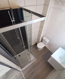 uma casa de banho com um chuveiro e um WC. em Studio Le Nougat em Montélimar