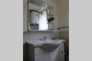 y baño con lavabo y espejo. en Miller's farm. Cottage on the Auhtie for 2 en Hem-Hardinval